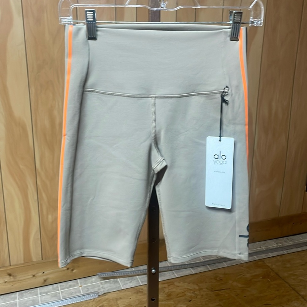 ALO Yoga Tan Athletic Shorts with Orange Accents